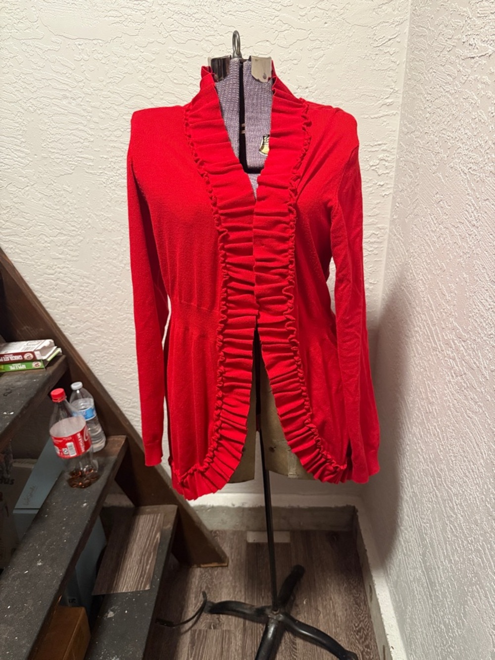 Addison Michelle Red Ruffle Trim Open Cardigan